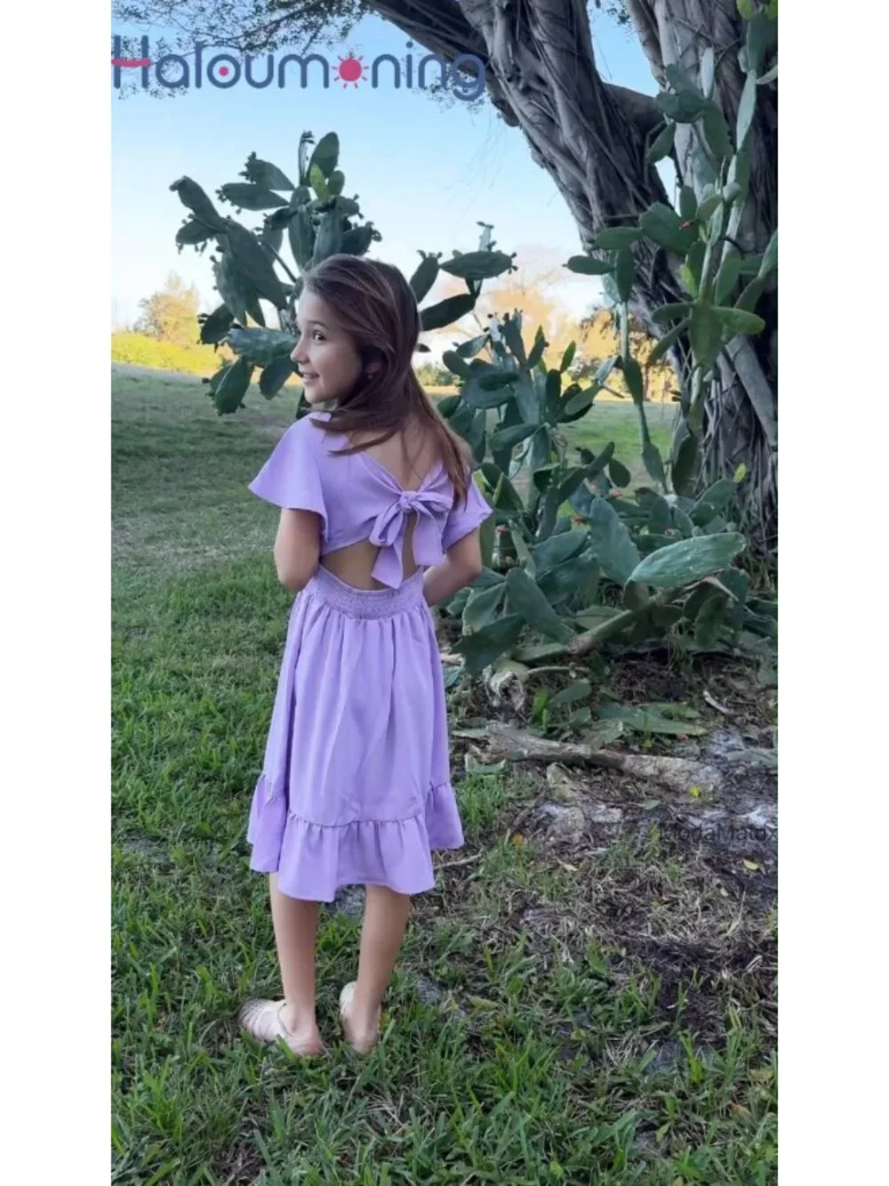 Girls Ruffle Short Sleeve Tie Back A-line Dress Square Neck Smocked Waist